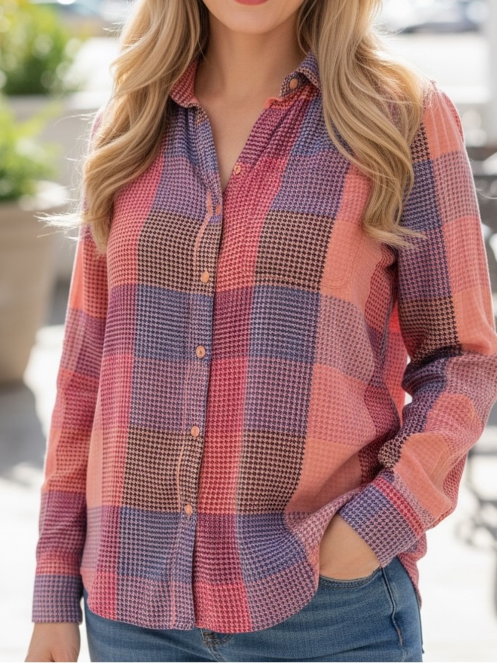 Fall season Women's Pink Plaid Button-Up Shirt M Velvet Heart